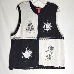Merry & Bright Christmas Vest White Black Beaded Embroidered Button Down Size XL